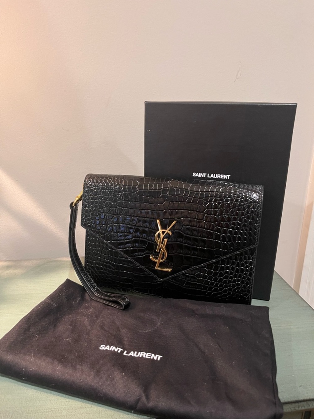 Saint Laurent Black Croc-Embossed YSL Wristlet Clutch with Gold Hardware